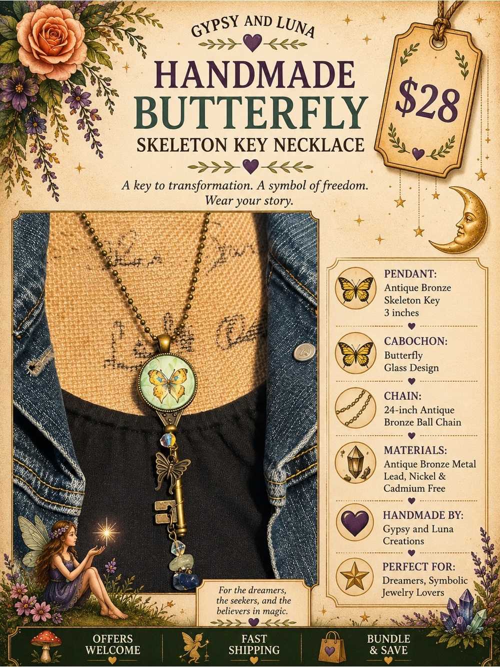 Handcrafted Bronze Butterfly Cabochon Skeleton Key Necklace